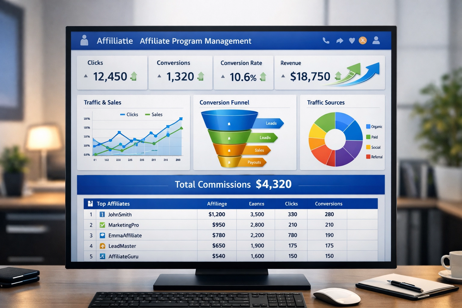 Painel de gerenciamento de programa de afiliados mostrando rastreamento em tempo real e métricas de desempenho