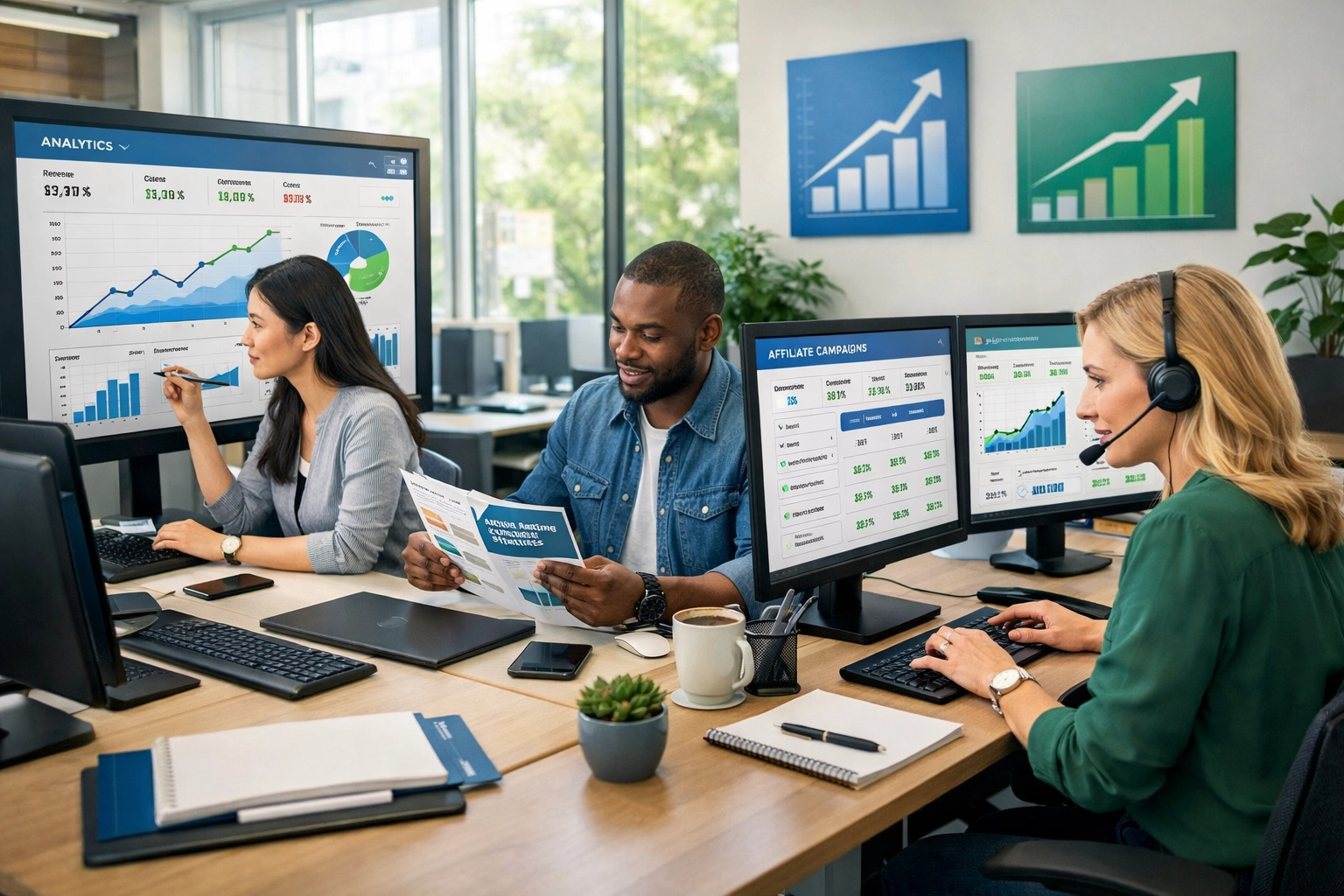 Equipe profissional de marketing de afiliados colaborando com membros diversos analisando dados e gerenciando campanhas