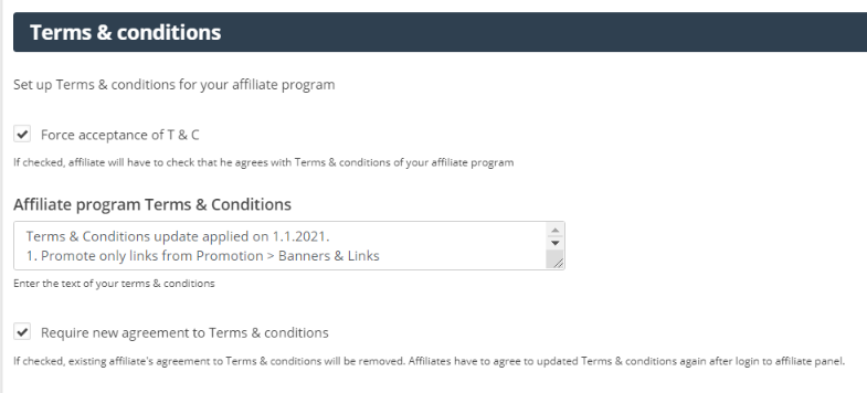 Configurações de Cadastro de Afiliado do Post Affiliate Pro mostrando o editor de texto de Termos e Condições e a caixa de seleção Exigir novo acordo com os Termos e Condições
