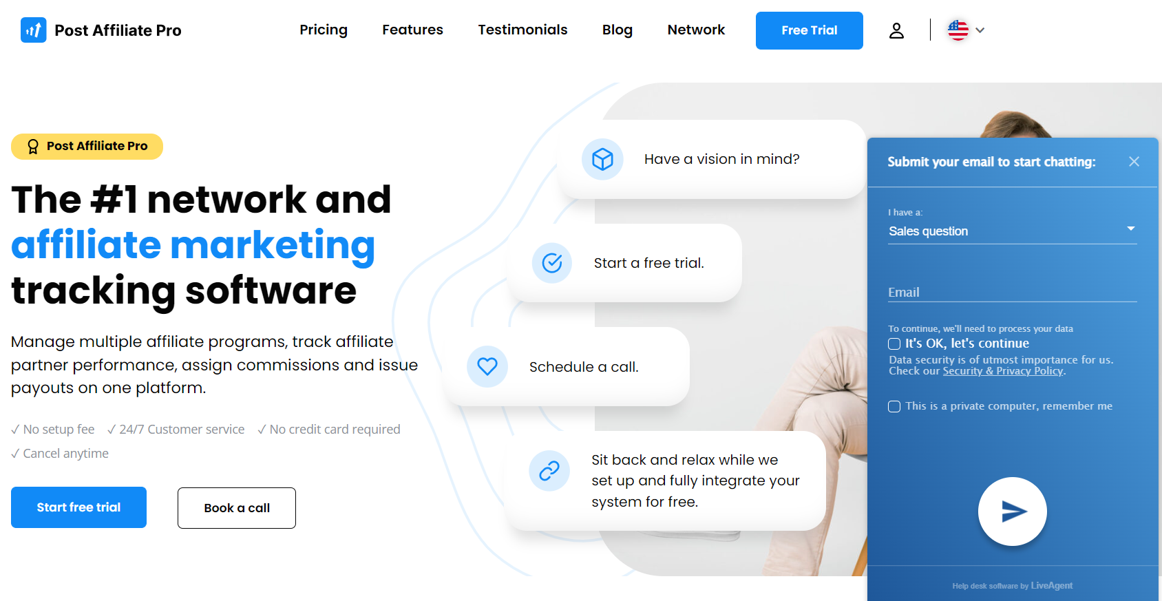 Chat ao vivo na página do Post Affiliate Pro
