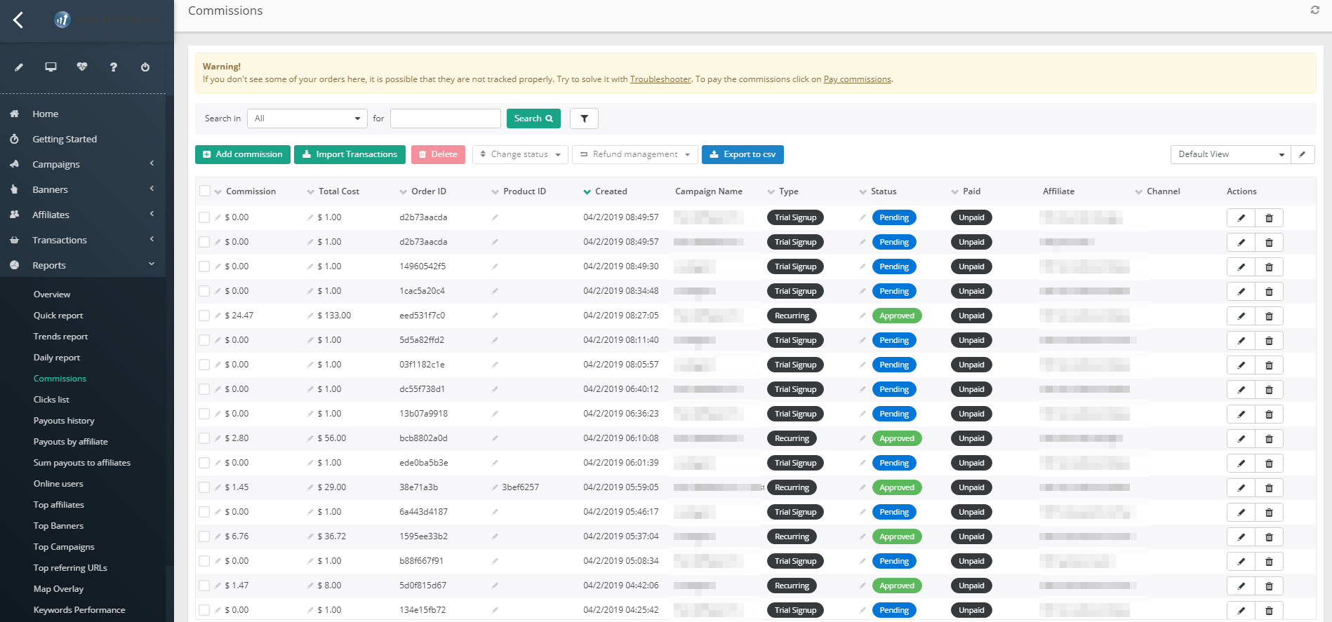 Dashboard de relatórios do Post Affiliate Pro mostrando comissões