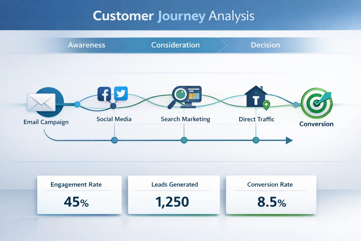 Visualização da jornada do cliente mostrando múltiplos pontos de contato em diferentes canais de marketing