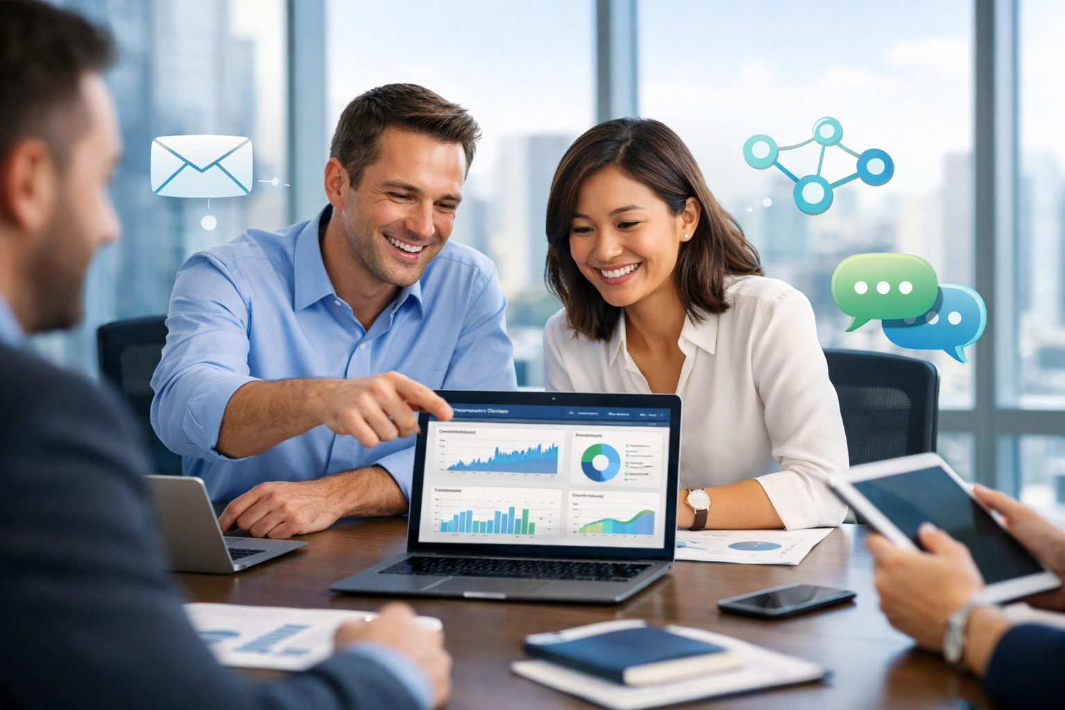 Equipe profissional colaborando em estratégia de comunicação para programa de afiliados