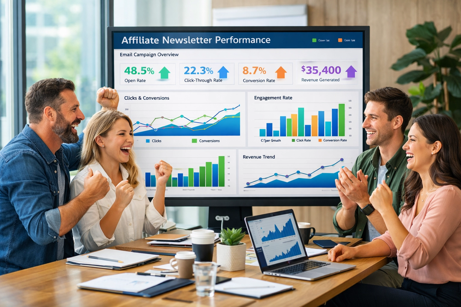 Dashboard de métricas de newsletter de afiliados de sucesso com equipe comemorando crescimento e resultados