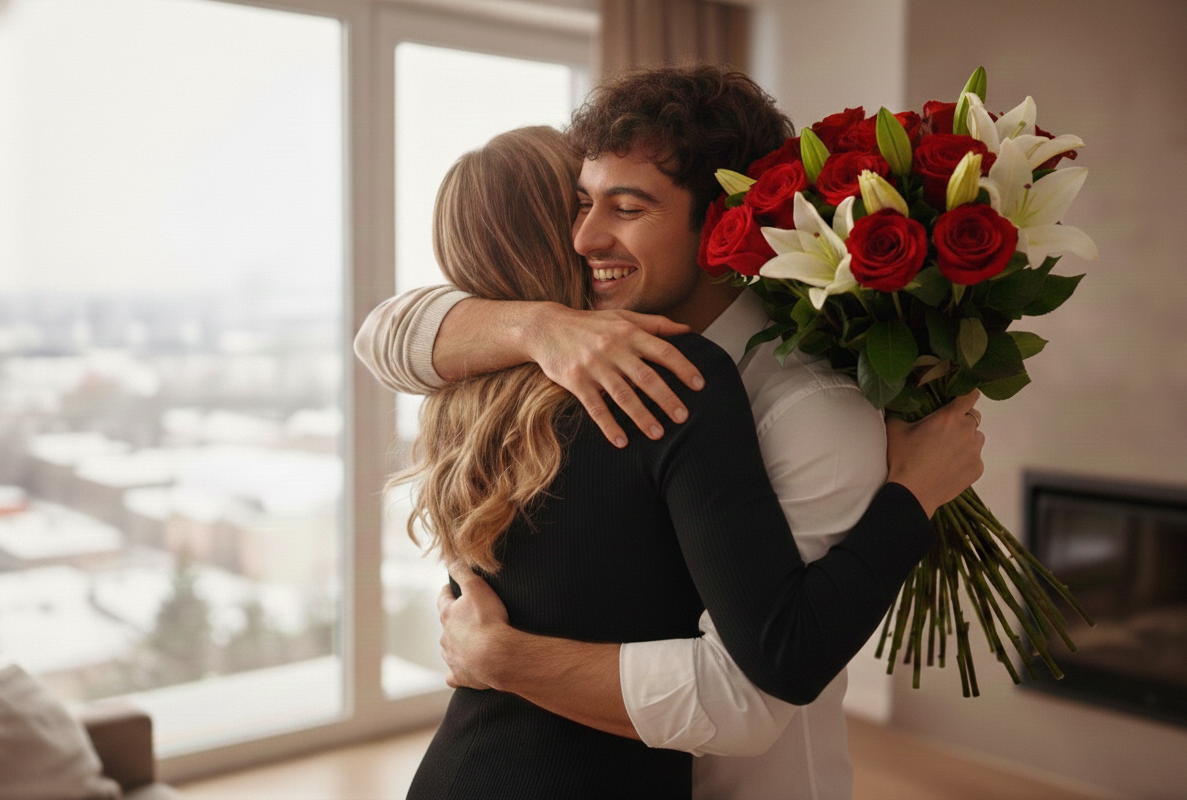 Uma mulher segurando flores abraçando um homem