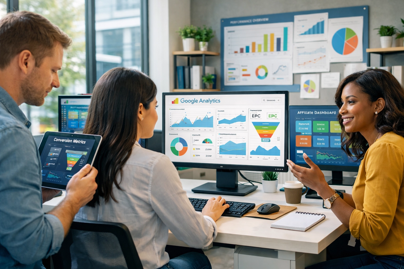 Equipe profissional de marketing de afiliados analisando dados e métricas em várias telas de computador em um ambiente moderno de escritório