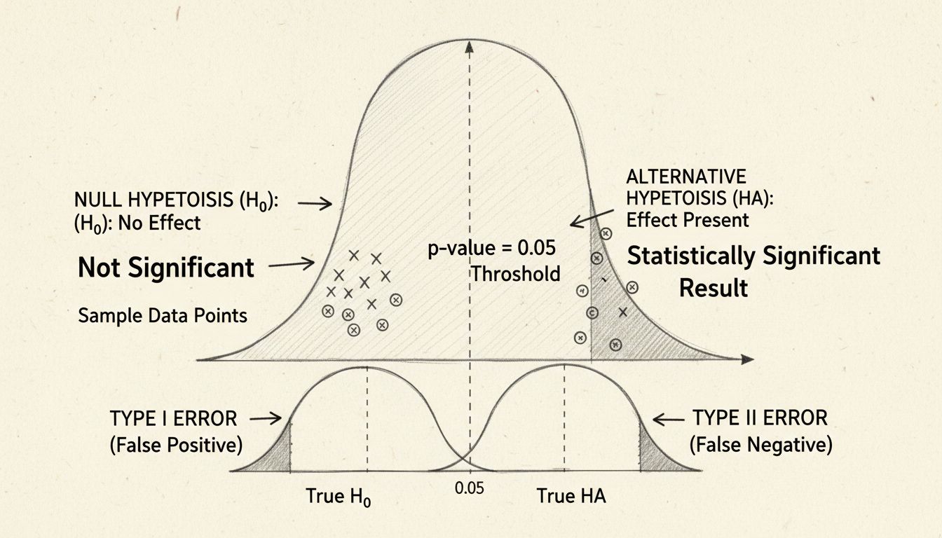 Diagrama de curva em sino sobre significância estatística mostrando limiar de p-valor, hipótese nula, hipótese alternativa e erros Tipo I e Tipo II