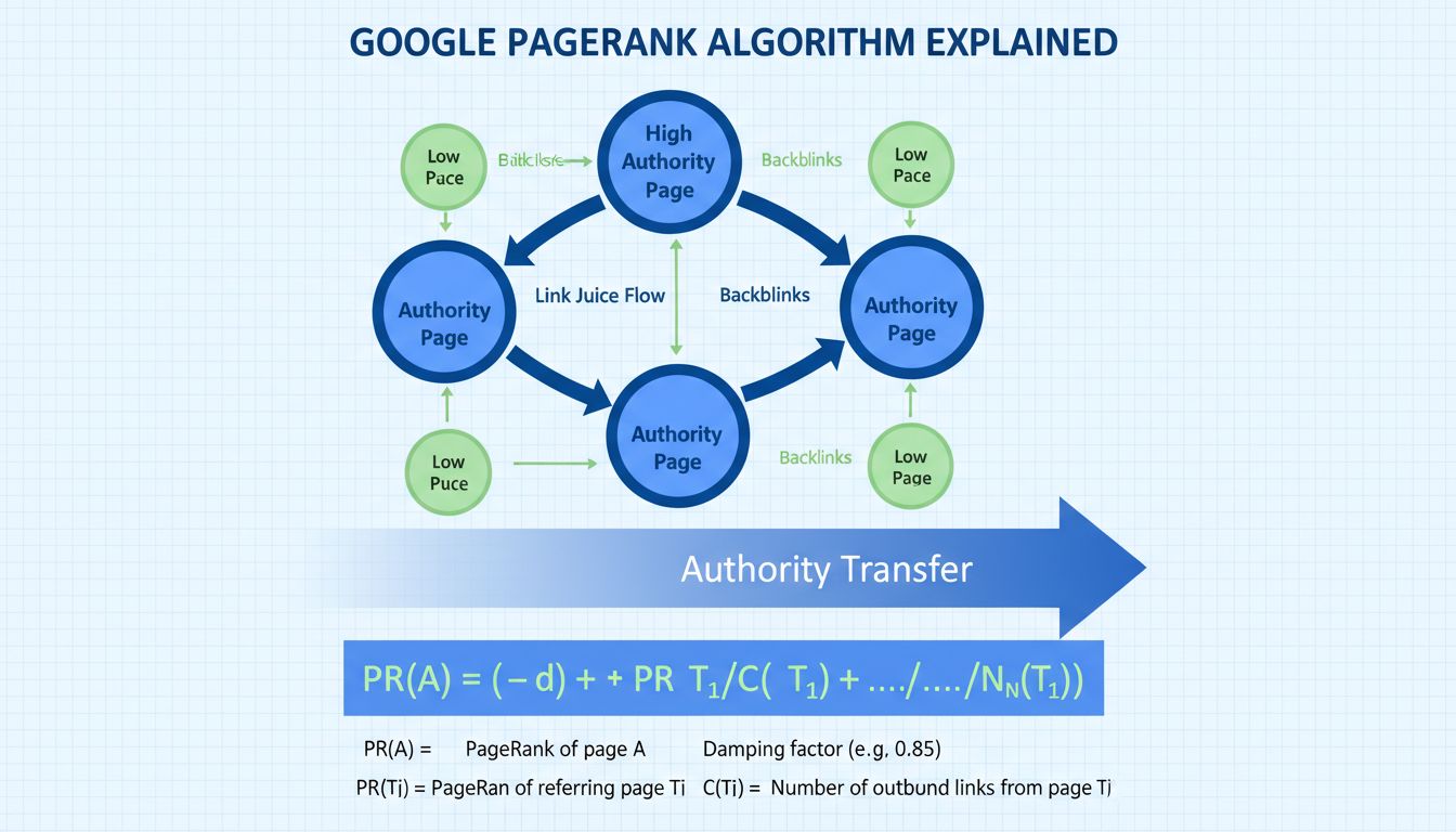 Diagrama de rede do algoritmo PageRank mostrando o fluxo de links e transferência de autoridade entre páginas