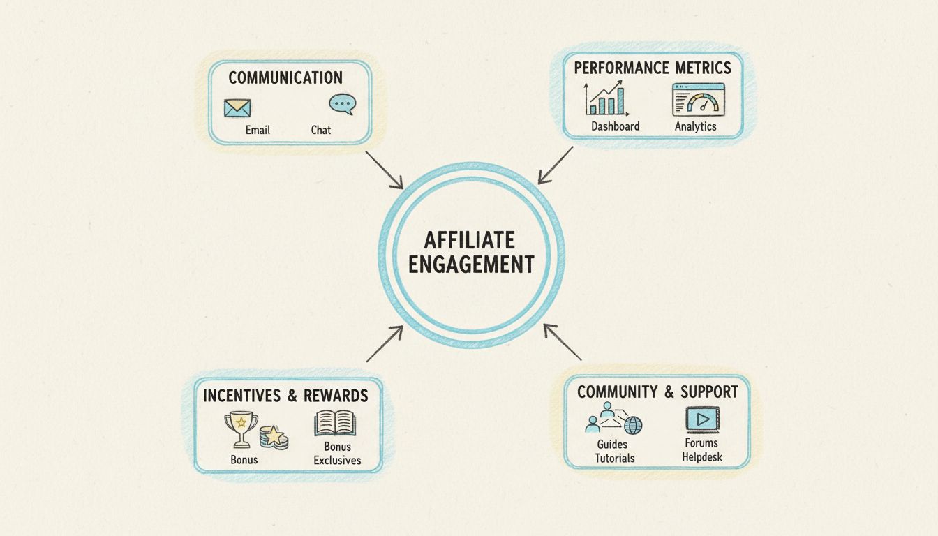 Estratégia de engajamento de afiliados mostrando comunicação, métricas de desempenho, incentivos, treinamento e suporte comunitário