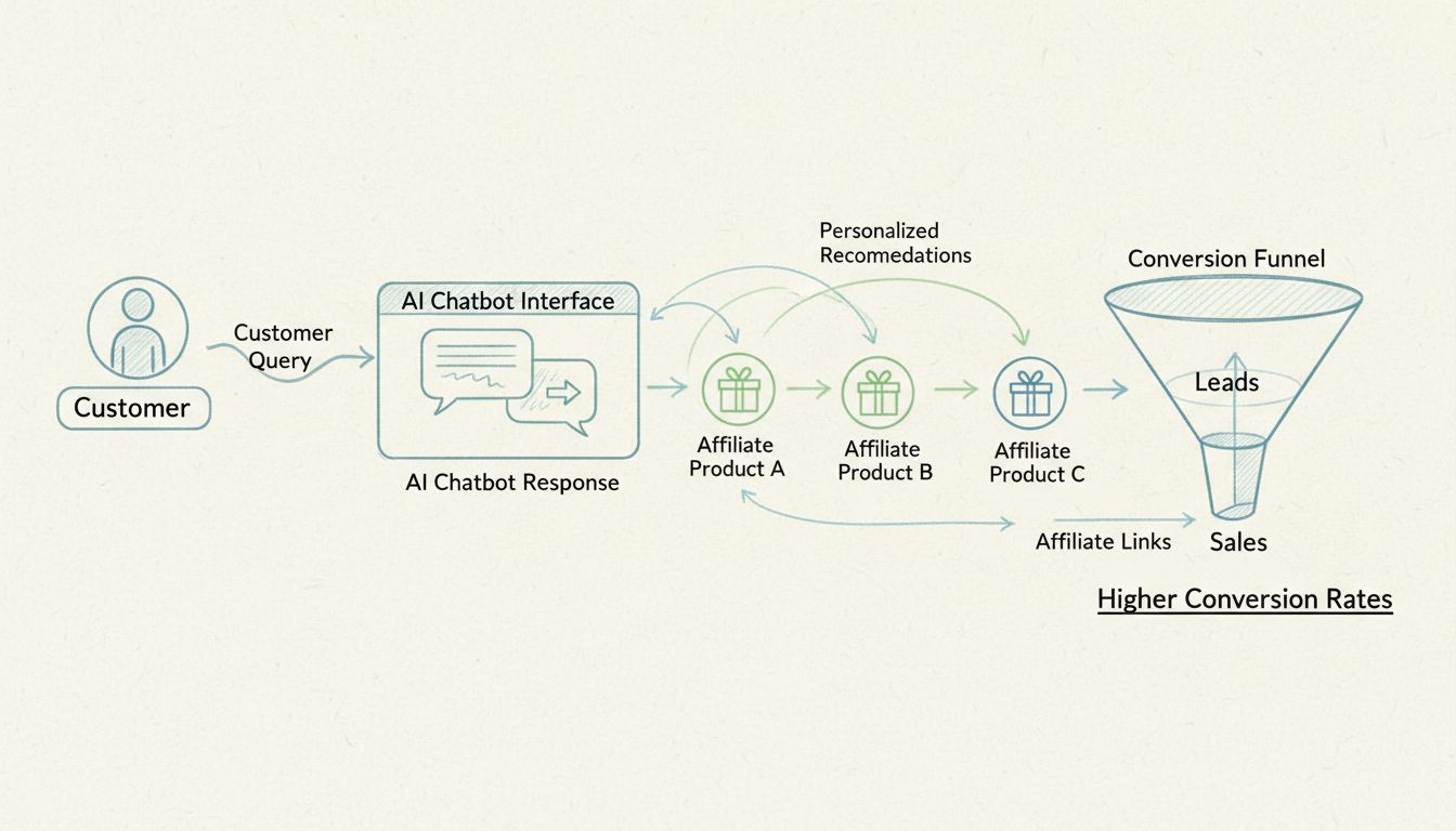 Diagrama do fluxo de trabalho de chatbot para marketing de afiliados mostrando consulta do cliente, resposta de IA, recomendações personalizadas, links de afiliados e funil de conversão