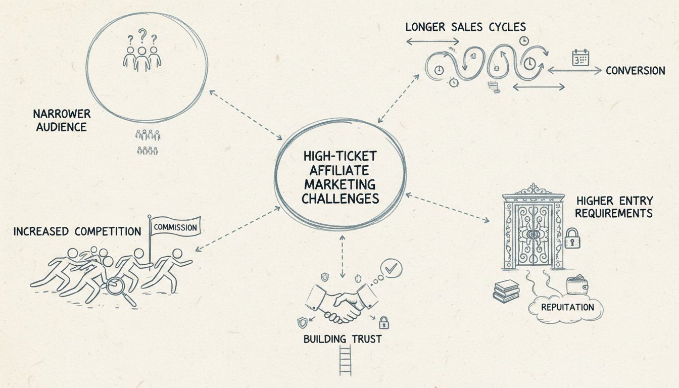 Diagrama mental desenhado à mão mostrando cinco principais desafios do marketing de afiliados de alto valor: audiência mais restrita, ciclos de vendas mais longos, concorrência aumentada, exigências de entrada mais altas e construção de confiança