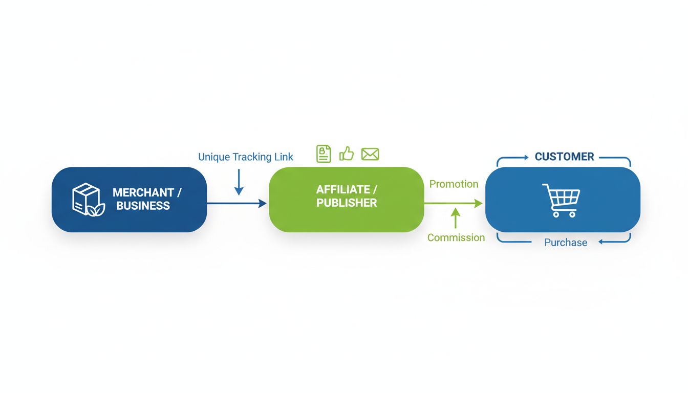 Diagrama do fluxo do programa de marketing de afiliados mostrando comerciante, afiliado, cliente e estrutura de comissão