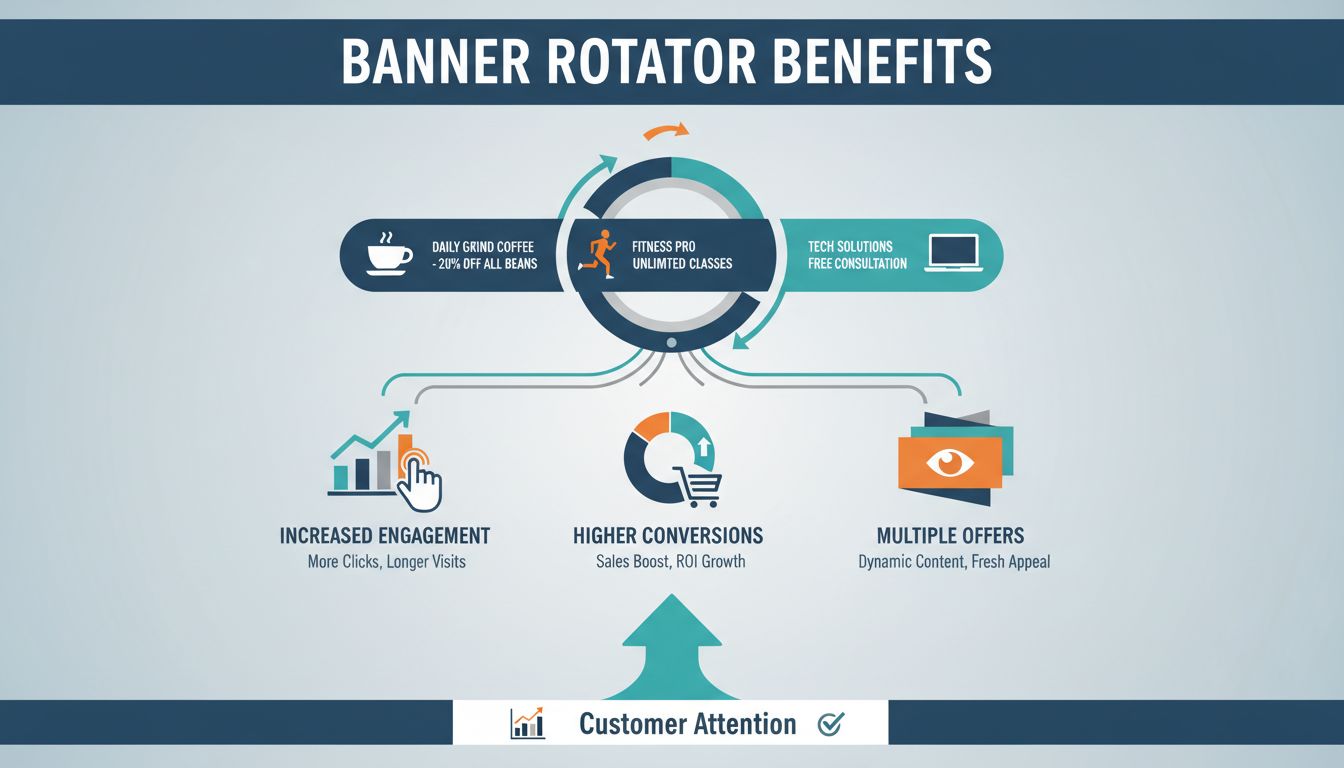 Infográfico dos benefícios do rotador de banners mostrando banners promocionais rotativos com métricas de engajamento e rastreamento de conversão
