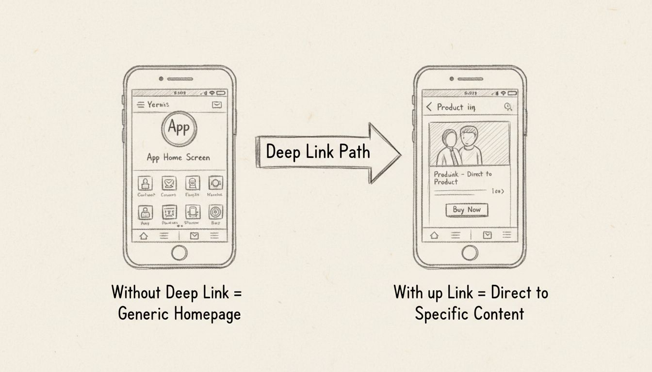 Diagrama de mobile deep linking mostrando navegação direta para conteúdo específico do app versus página inicial genérica