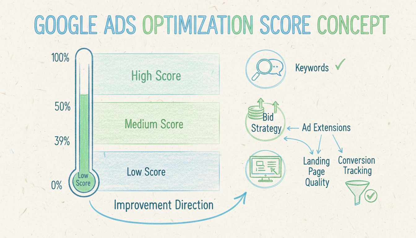 Diagrama desenhado à mão mostrando a escala da Pontuação de Otimização do Google Ads de 0-100% com zonas de desempenho e fatores-chave de otimização