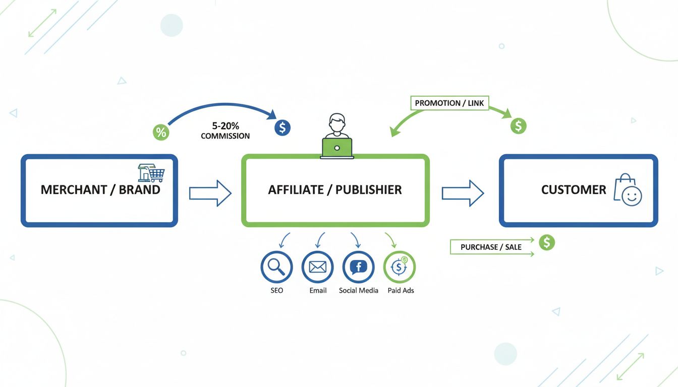 Ecossistema de marketing de afiliados mostrando relações entre comerciante, afiliado e cliente com fluxo de comissão