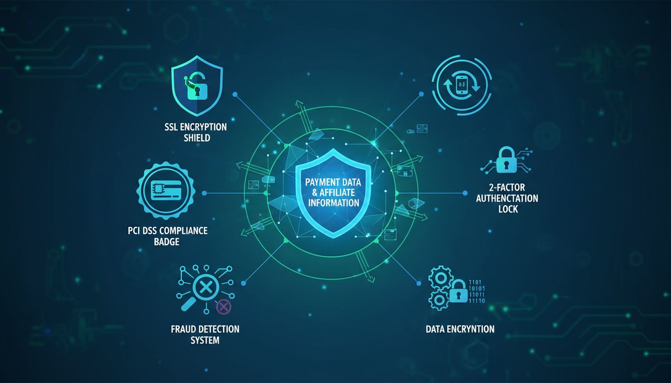 Camadas de segurança em plugins de afiliados incluindo criptografia SSL, conformidade PCI DSS, autenticação 2FA, detecção de fraudes e criptografia de dados