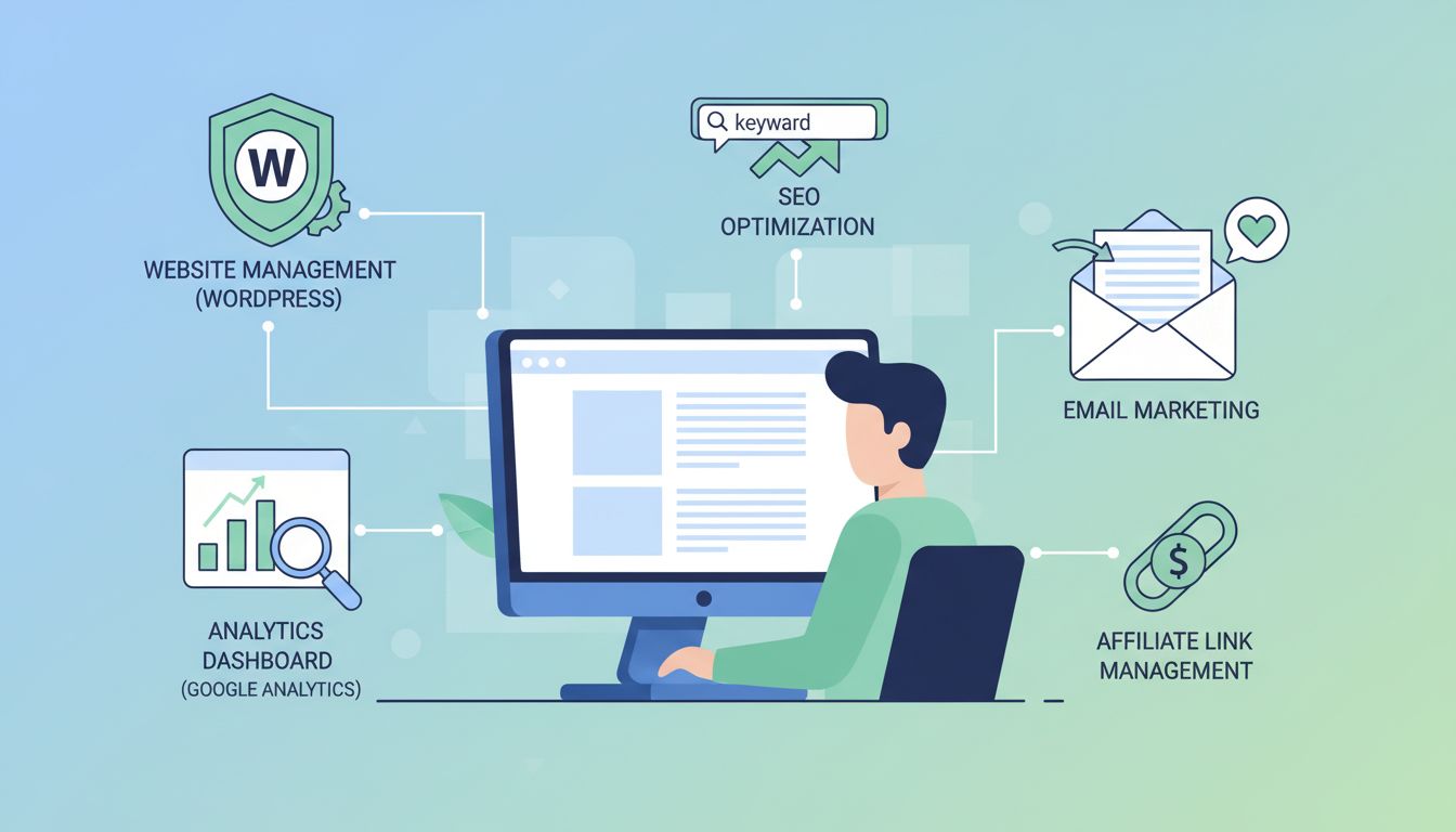 Infográfico sobre habilidades técnicas em marketing de afiliados mostrando gestão de sites, análise, SEO, email marketing e gerenciamento de links