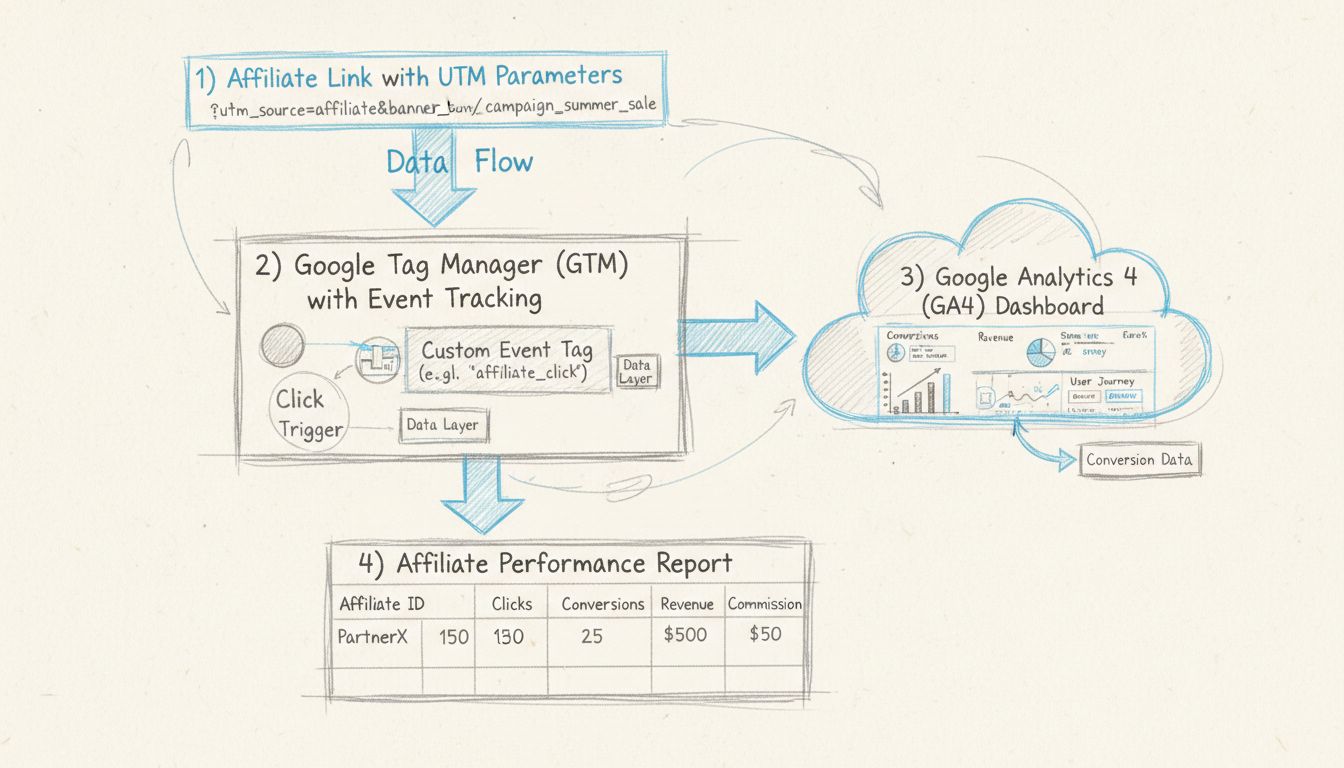 Diagrama de fluxo de configuração de rastreamento de afiliados no Google Analytics mostrando parâmetros UTM, Google Tag Manager, painel do GA4 e relatórios de desempenho de afiliados