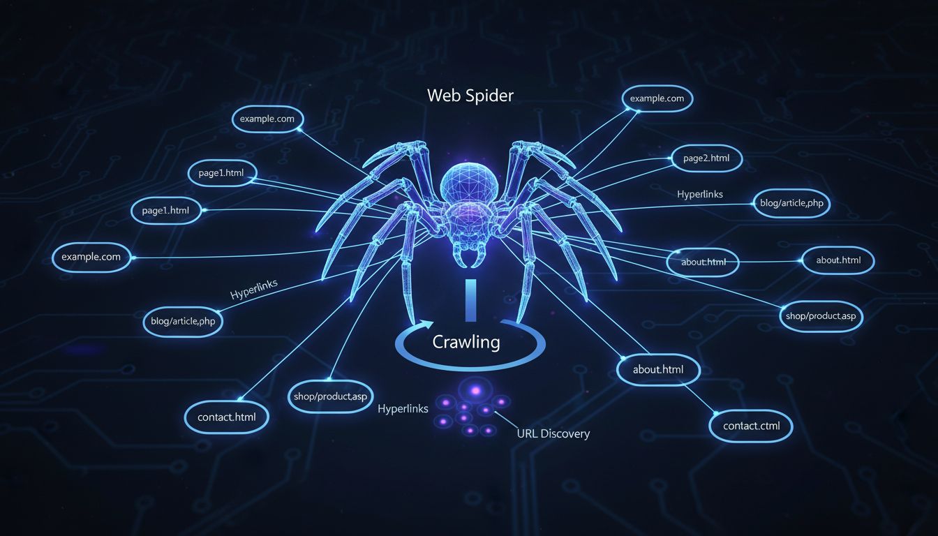 Diagrama técnico mostrando como spiders da web rastreiam a internet com conexões de rede e hiperlinks
