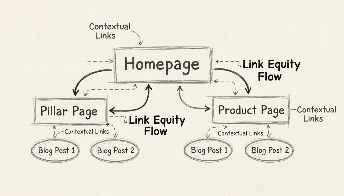Diagrama desenhado à mão mostrando estrutura de links internos com homepage conectada a páginas pilares, posts do blog e páginas de produtos com setas indicando fluxo de autoridade