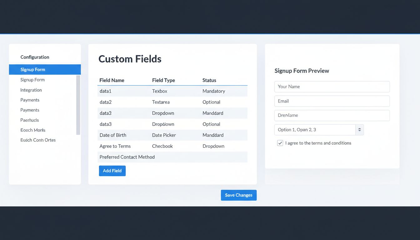 Interface de configuração do formulário de cadastro do Post Affiliate Pro mostrando configuração de campos personalizados com tipos de campo e opções de status