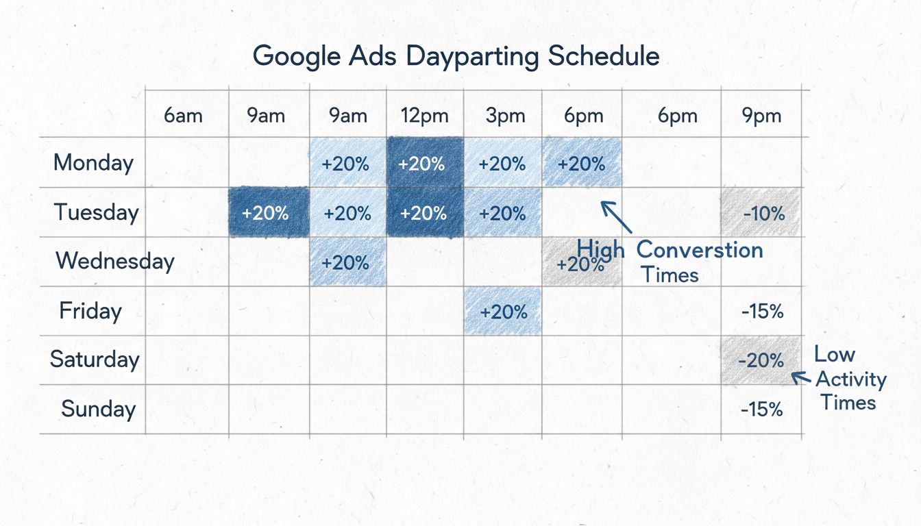 Diagrama de agendamento de dayparting no Google Ads mostrando calendário semanal com horários e ajustes de lance