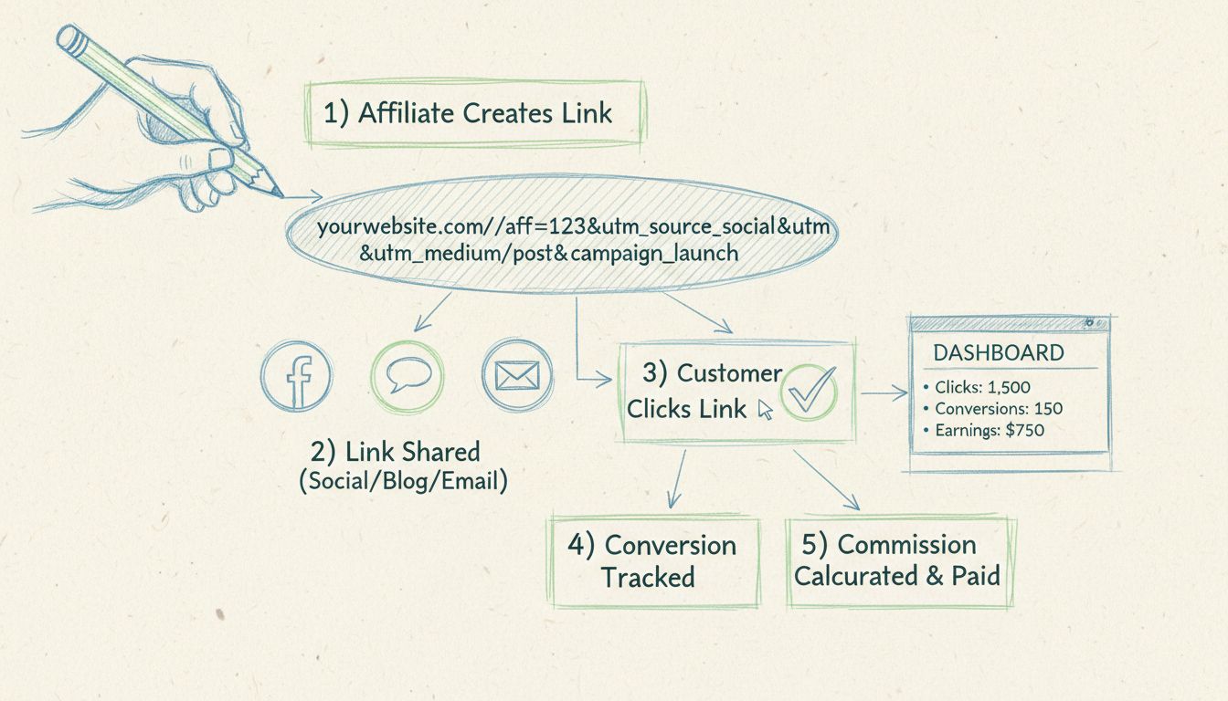 Diagrama do fluxo de rastreamento de links de afiliados mostrando o processo completo da criação do link até o rastreamento da conversão e pagamento da comissão