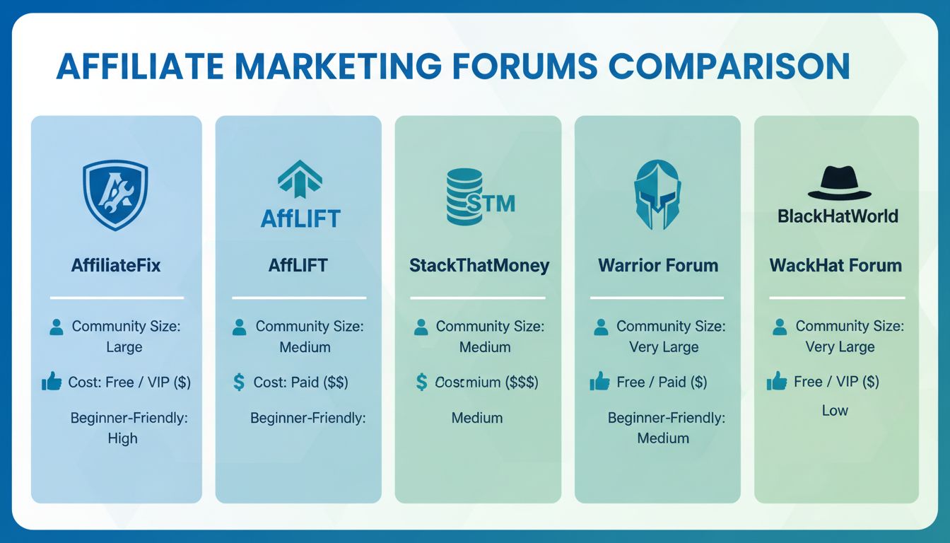 Comparação dos principais fóruns de marketing de afiliados mostrando AffiliateFix, AffLIFT, StackThatMoney, Warrior Forum e BlackHatWorld com seus principais recursos e preços