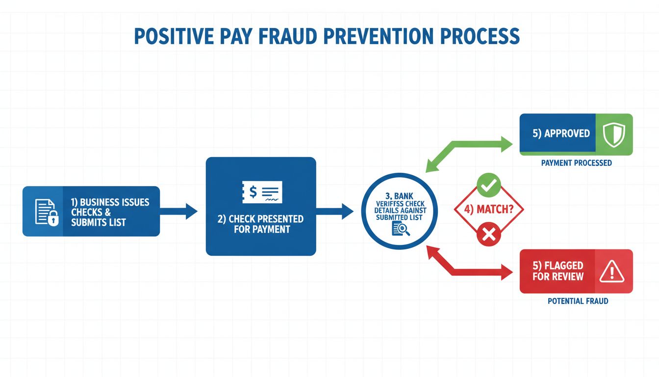 Diagrama do processo de prevenção de fraudes do Positive Pay mostrando as etapas de verificação do cheque desde a emissão até a aprovação ou rejeição