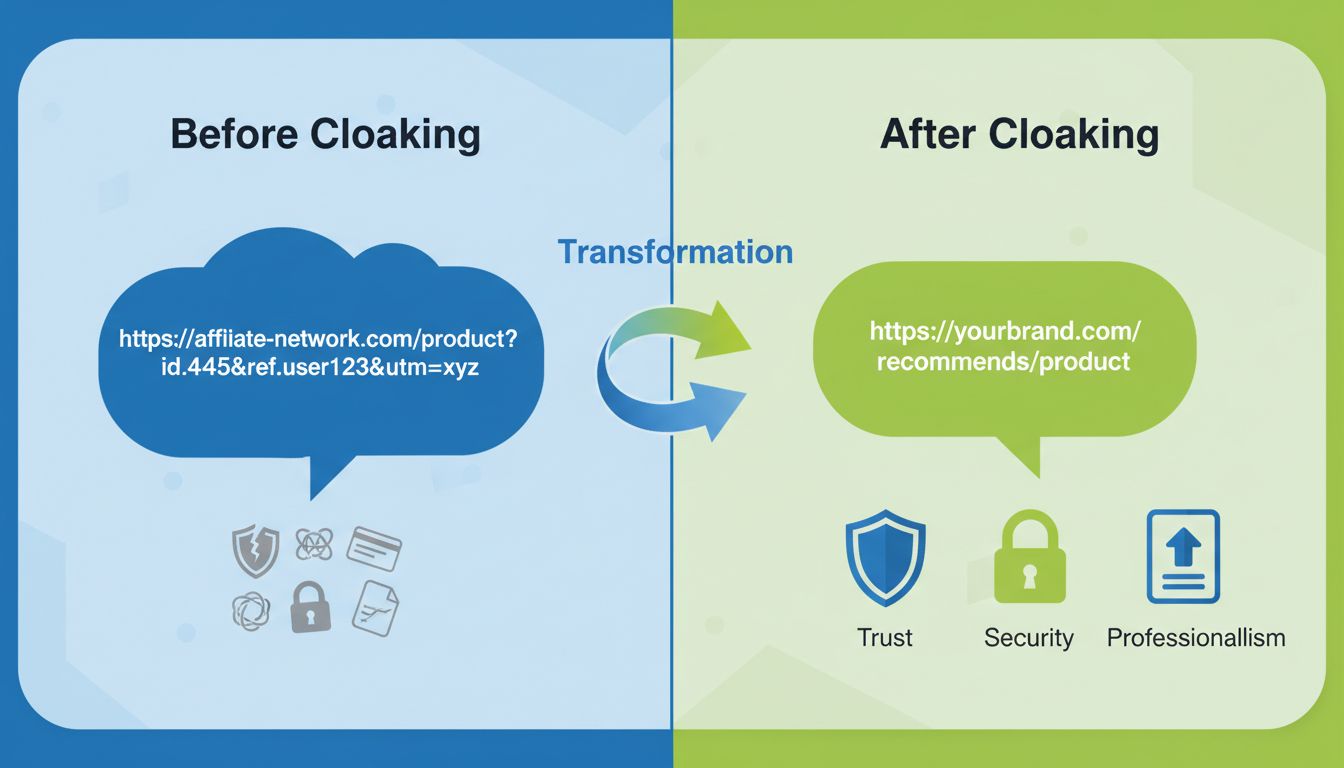 Comparação de camuflagem de link de afiliado mostrando a transformação de uma URL confusa para um link limpo e com marca
