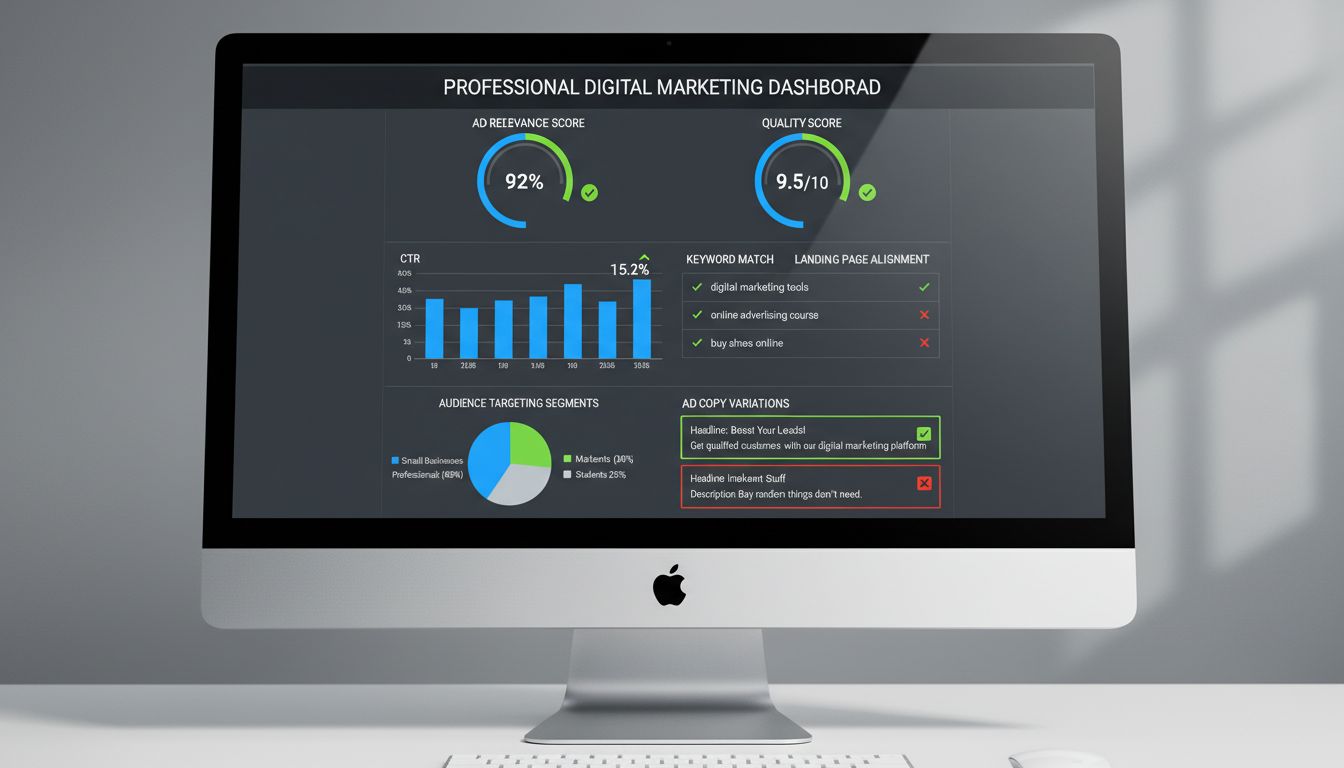 Painel de métricas de relevância do anúncio mostrando pontuações de qualidade, CTR e desempenho de palavras-chave