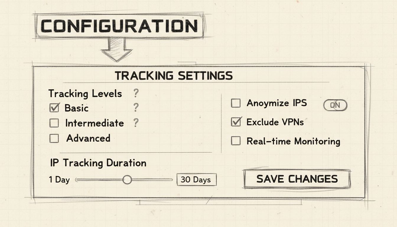 Interface de Configuração de Rastreamento de IP mostrando o painel de configurações dos Níveis de Rastreamento com controle de duração e opções de salvar