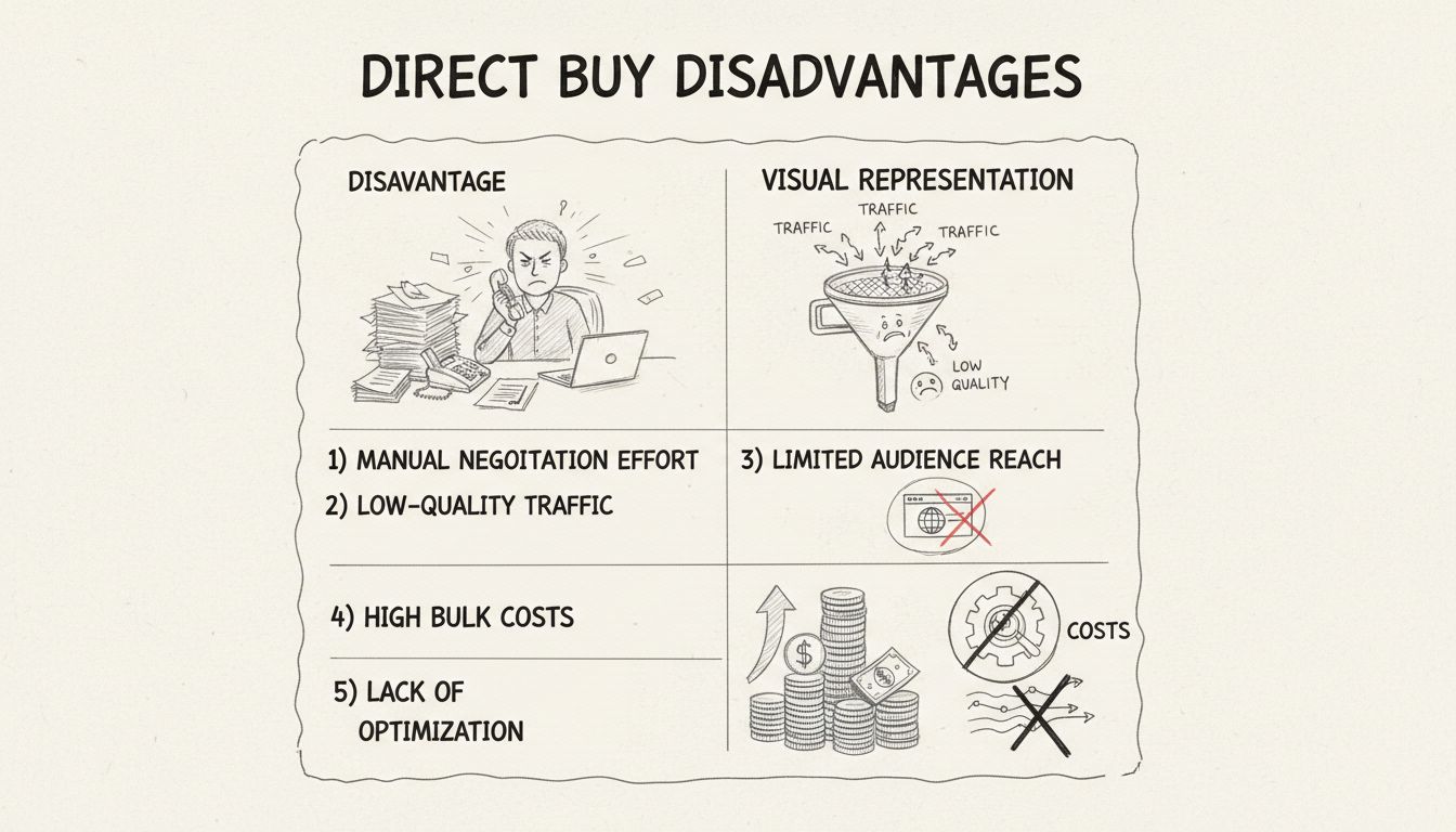Diagrama feito à mão mostrando as cinco principais desvantagens das compras diretas: esforço manual de negociação, tráfego de baixa qualidade, alcance de audiência limitado, altos custos em volume e falta de otimização