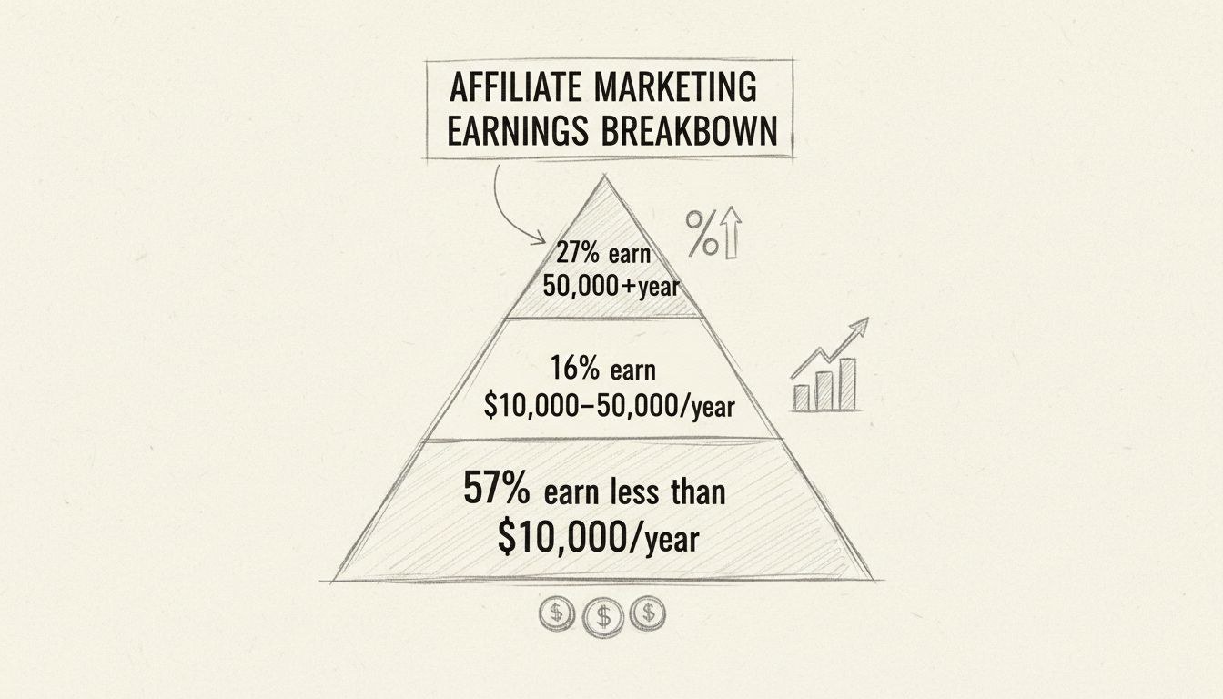 Pirâmide de ganhos do marketing de afiliados mostrando a distribuição de renda: 57% ganham menos de US$ 10.000/ano, 16% ganham US$ 10.000–US$ 50.000/ano, 27% ganham mais de US$ 50.000/ano