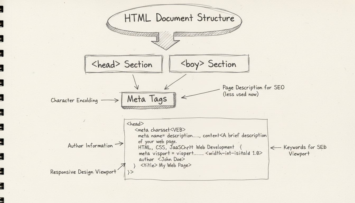 Diagrama da estrutura das meta tags HTML mostrando a seção head com as meta tags charset, description, keywords, author e viewport