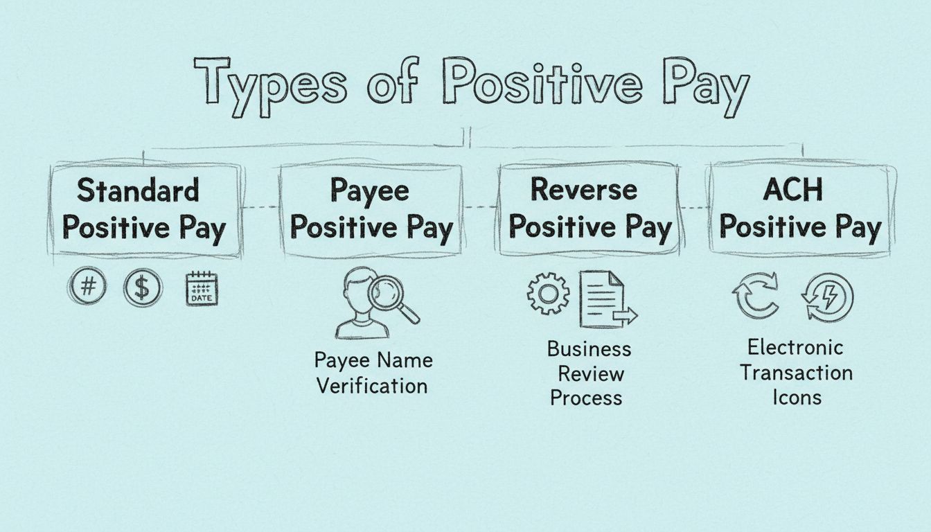 Diagrama desenhado à mão mostrando os quatro tipos de sistemas Positive Pay com caixas para Standard, Payee, Reverse e ACH Positive Pay
