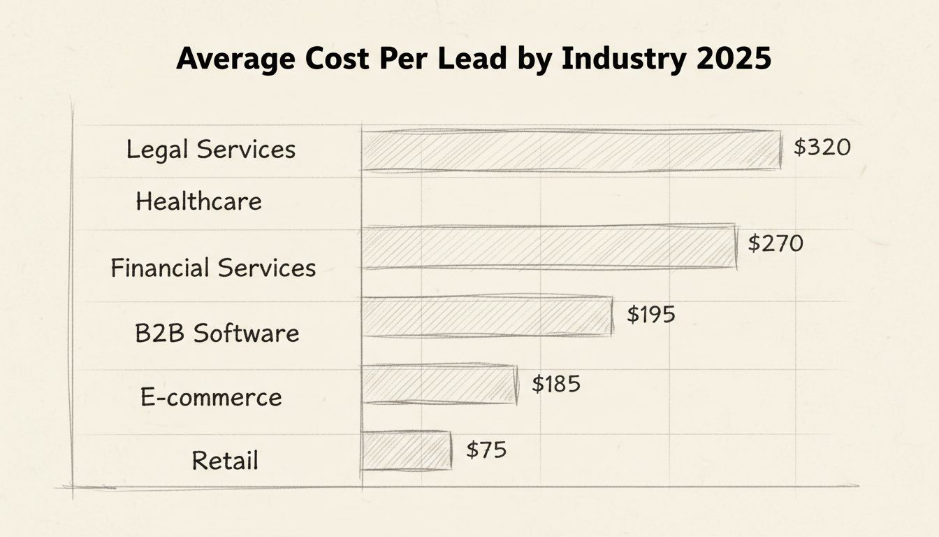 Custo Médio por Lead por Setor 2025 - Gráfico de barras desenhado à mão mostrando preços em diferentes setores