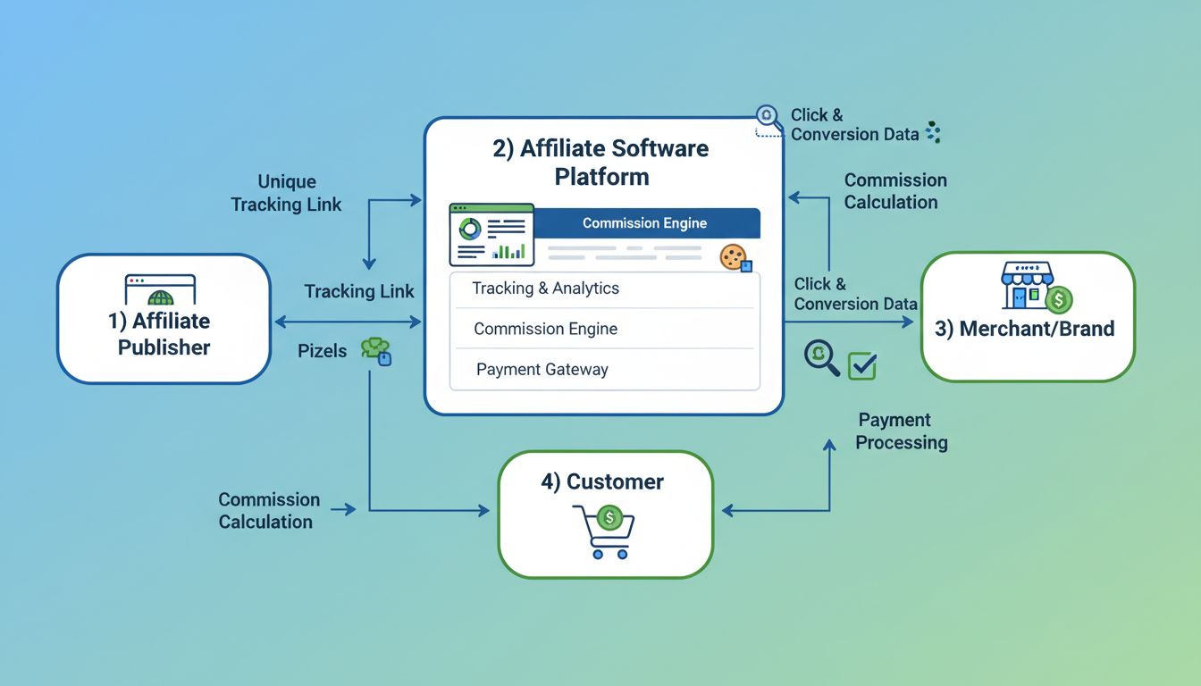 Diagrama técnico mostrando como o software de afiliados funciona com rastreamento, cálculo de comissão e processamento de pagamentos
