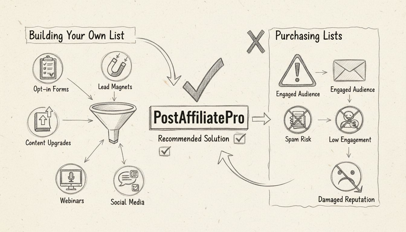 Diagrama comparativo de métodos de construção de listas de email mostrando crescimento orgânico vs compra de listas
