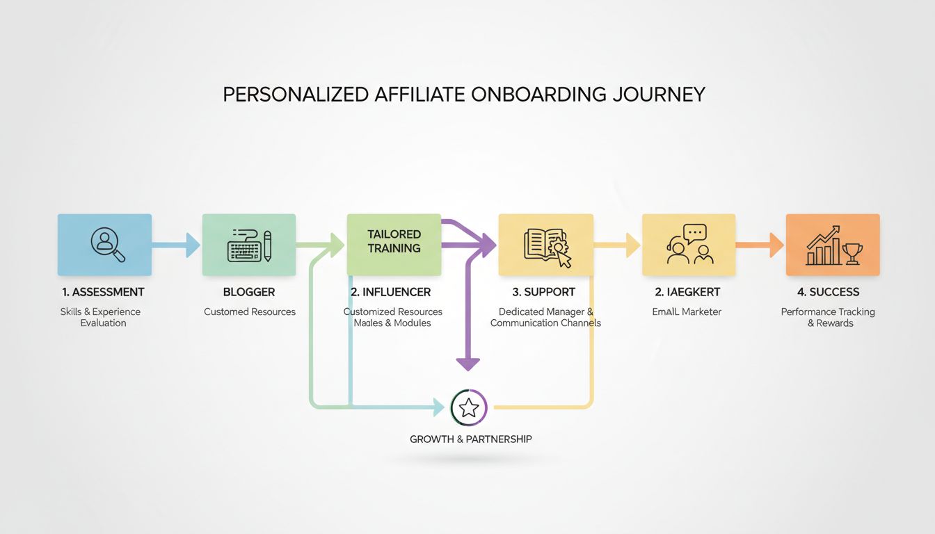 Diagrama do processo de onboarding personalizado de afiliados mostrando avaliação, treinamento sob medida, suporte e estágios de sucesso com diferentes tipos de afiliados
