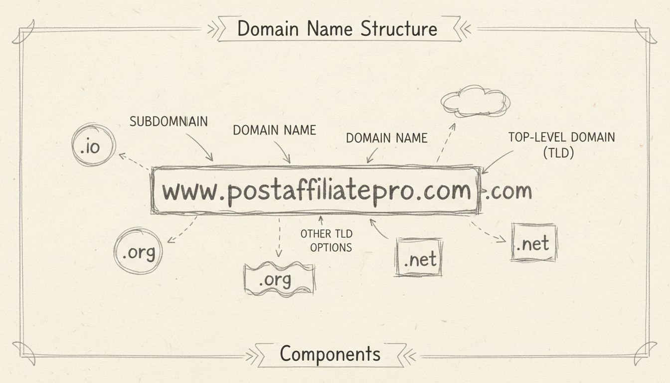 Diagrama da estrutura de nome de domínio mostrando subdomínio, nome de domínio e componentes TLD com exemplos de diferentes opções de domínios de topo