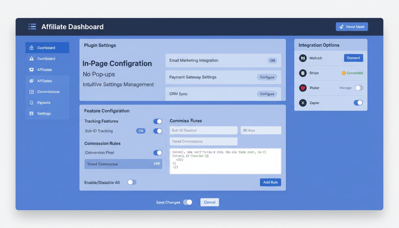 Painel moderno de software de afiliados mostrando configuração de plugins na página com botões de alternância e menus suspensos