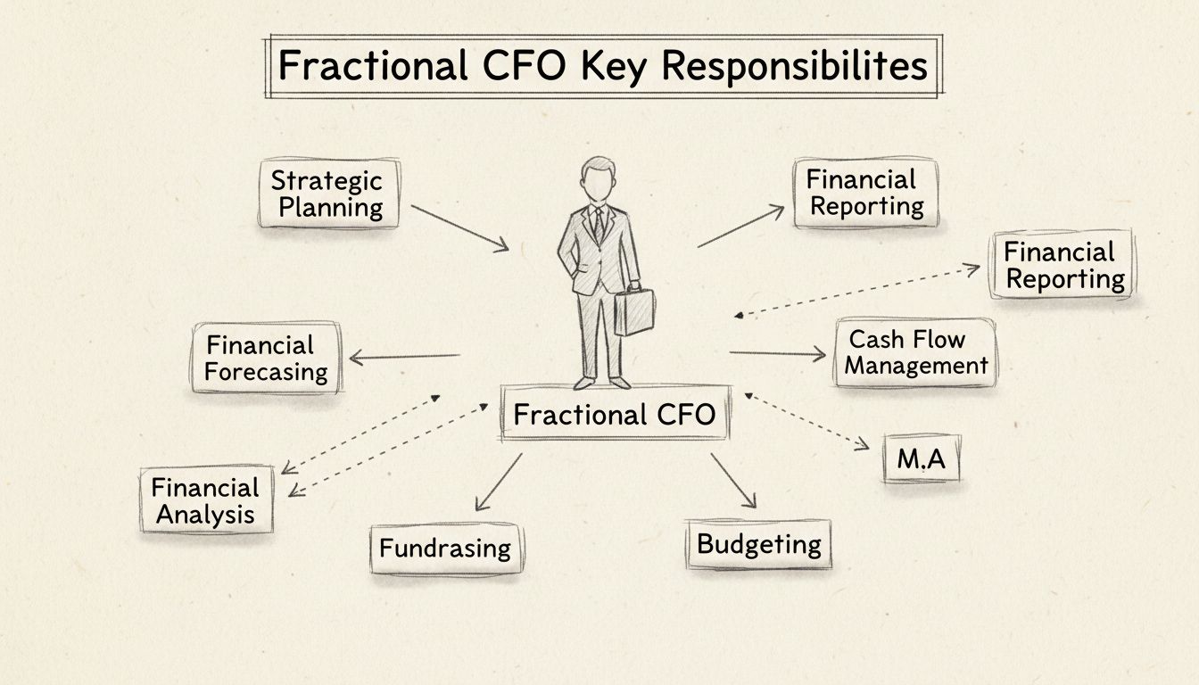Diagrama desenhado à mão mostrando as principais responsabilidades do CFO Fracionado, incluindo planejamento estratégico, previsão financeira, gestão de fluxo de caixa, orçamento, análise financeira, captação de recursos, M&A e relatórios financeiros