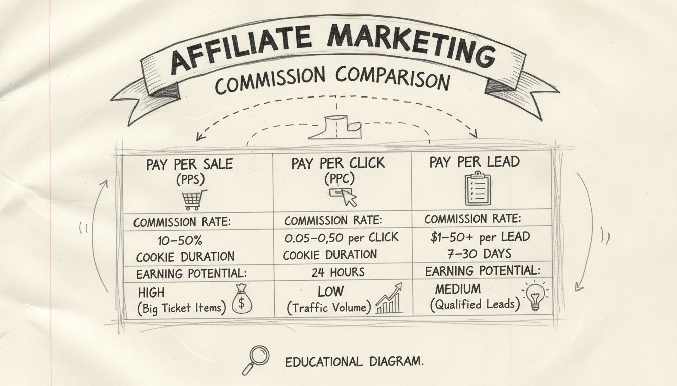 Diagrama comparativo desenhado à mão dos modelos de comissão de afiliados mostrando PPS vs PPC vs PPL com taxas, duração do cookie e potencial de ganhos