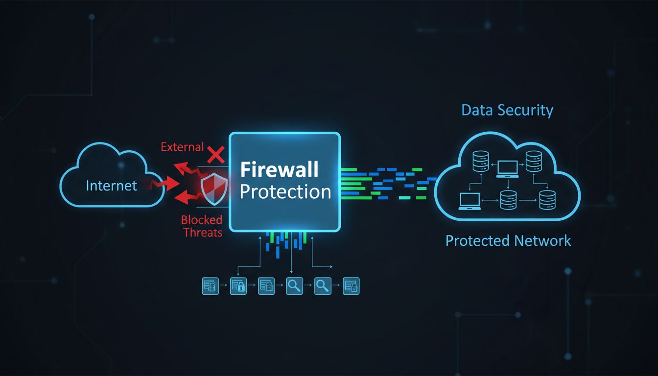 Diagrama de arquitetura de firewall mostrando proteção de rede contra violações de dados com ameaças bloqueadas e rede interna protegida