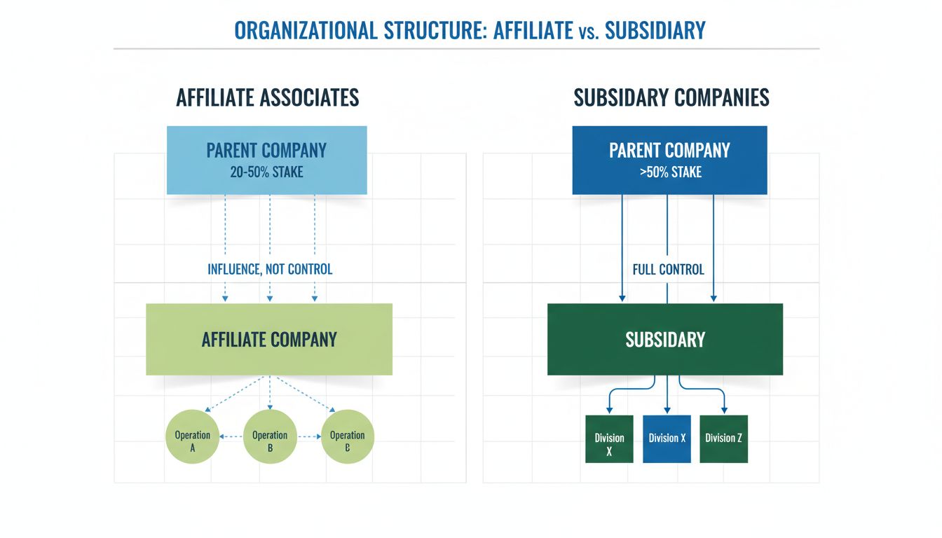 Diagrama de estrutura organizacional comparando afiliadas (20-50% de participação com linhas pontilhadas de influência) versus subsidiárias (>50% de participação com linhas sólidas de controle)