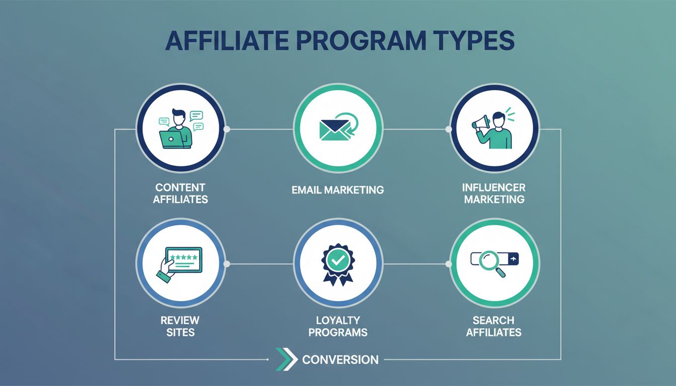 Infográfico mostrando diferentes tipos de programas de afiliados, incluindo afiliados de conteúdo, email marketing, marketing de influenciadores, sites de avaliação, programas de fidelidade e afiliados de busca
