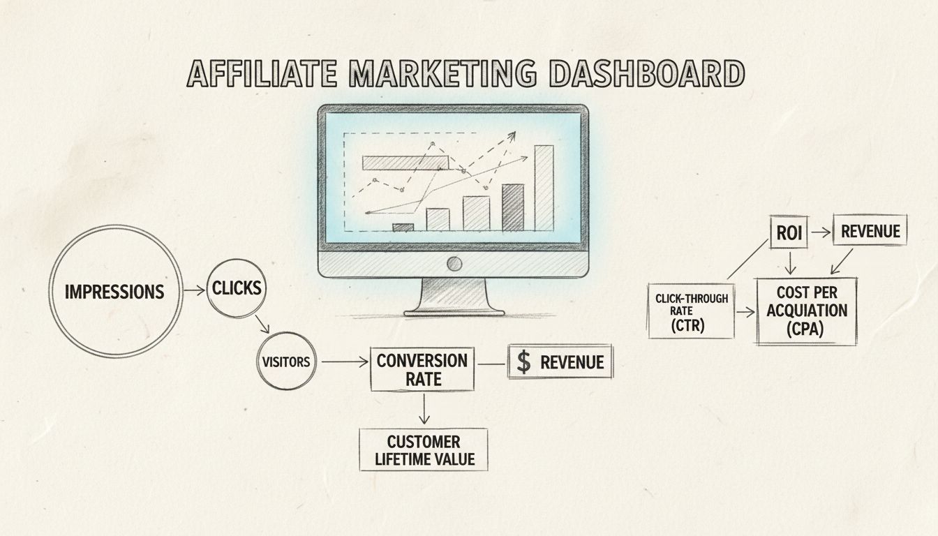 Painel de métricas do marketing de afiliados mostrando KPIs como ROI, CTR, taxa de conversão, CPA, receita, impressões, cliques e valor vitalício do cliente
