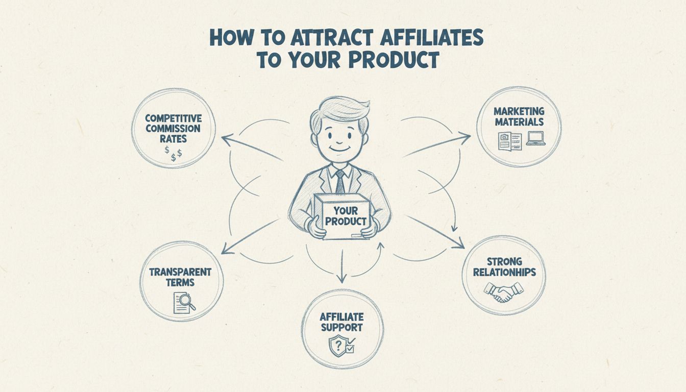 Diagrama desenhado à mão mostrando estratégia de recrutamento de afiliados com empresário conectado a vários parceiros de afiliados, com rótulos de taxas de comissão, materiais de marketing, termos transparentes, relacionamentos e suporte